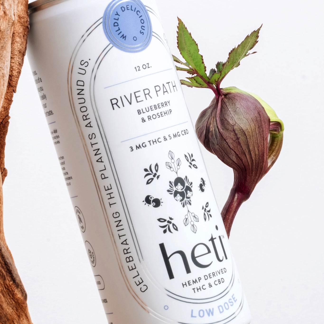 Heti CBD & THC beverage can in flavor River Path which is blueberry and rosehip.