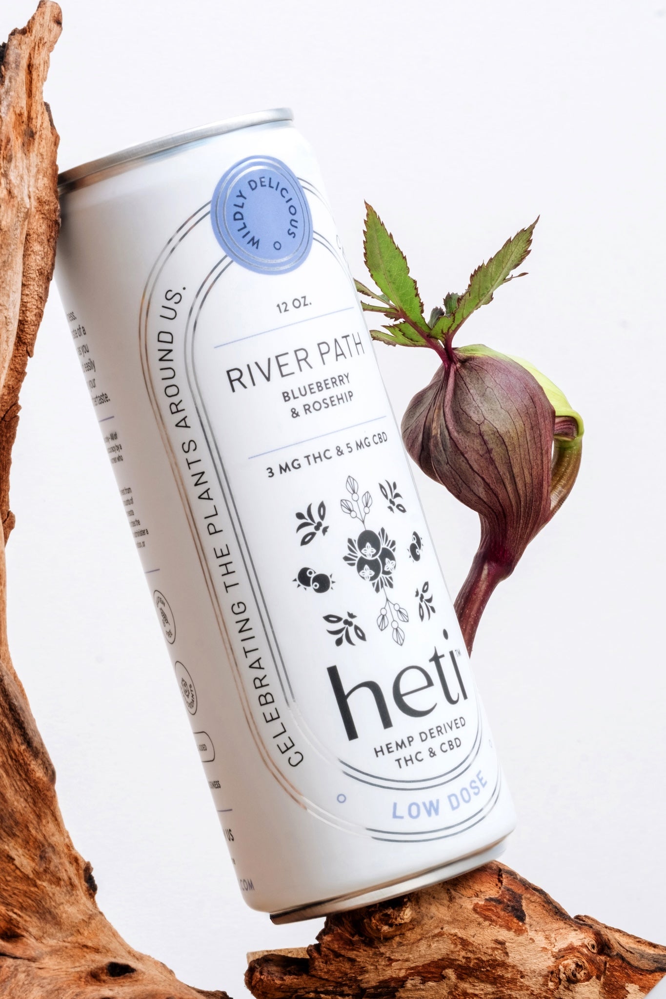Heti CBD & THC beverage can in flavor River Path which is blueberry and rosehip.