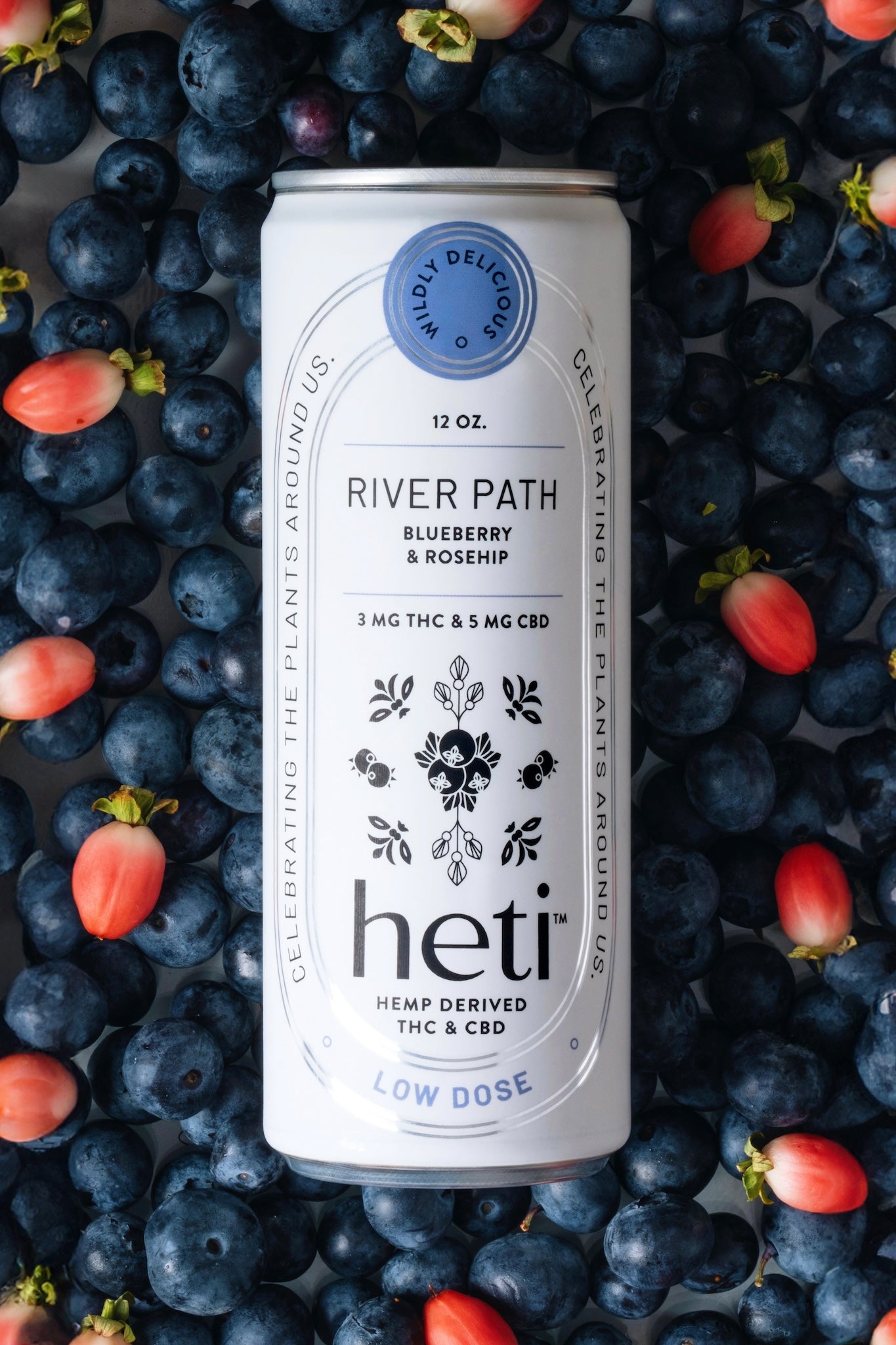 Heti CBD & THC beverage drink in flavor River Path which is blueberry and rosehip.