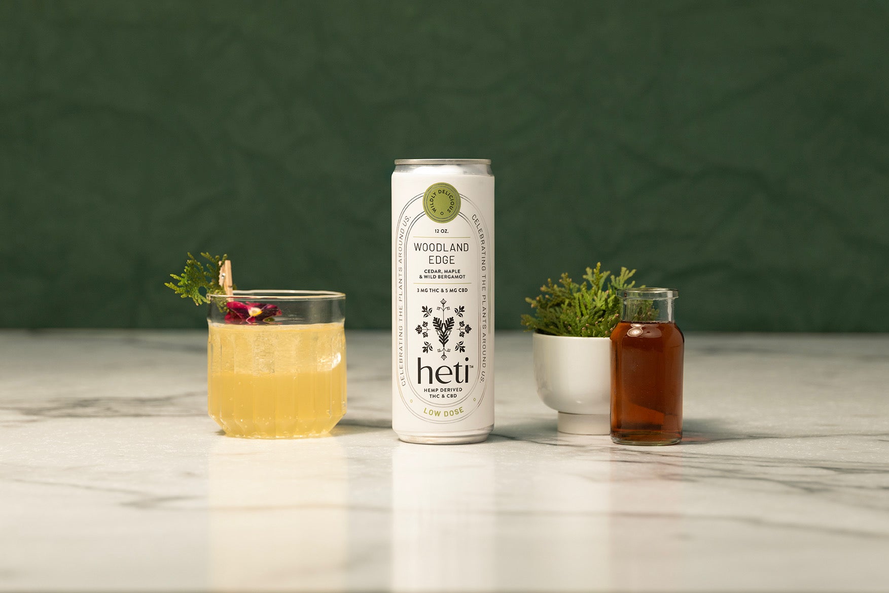Heti CBD & THC Beverage in flavor Woodland Edge is Cedar, Maple, and Wild Bergamot.