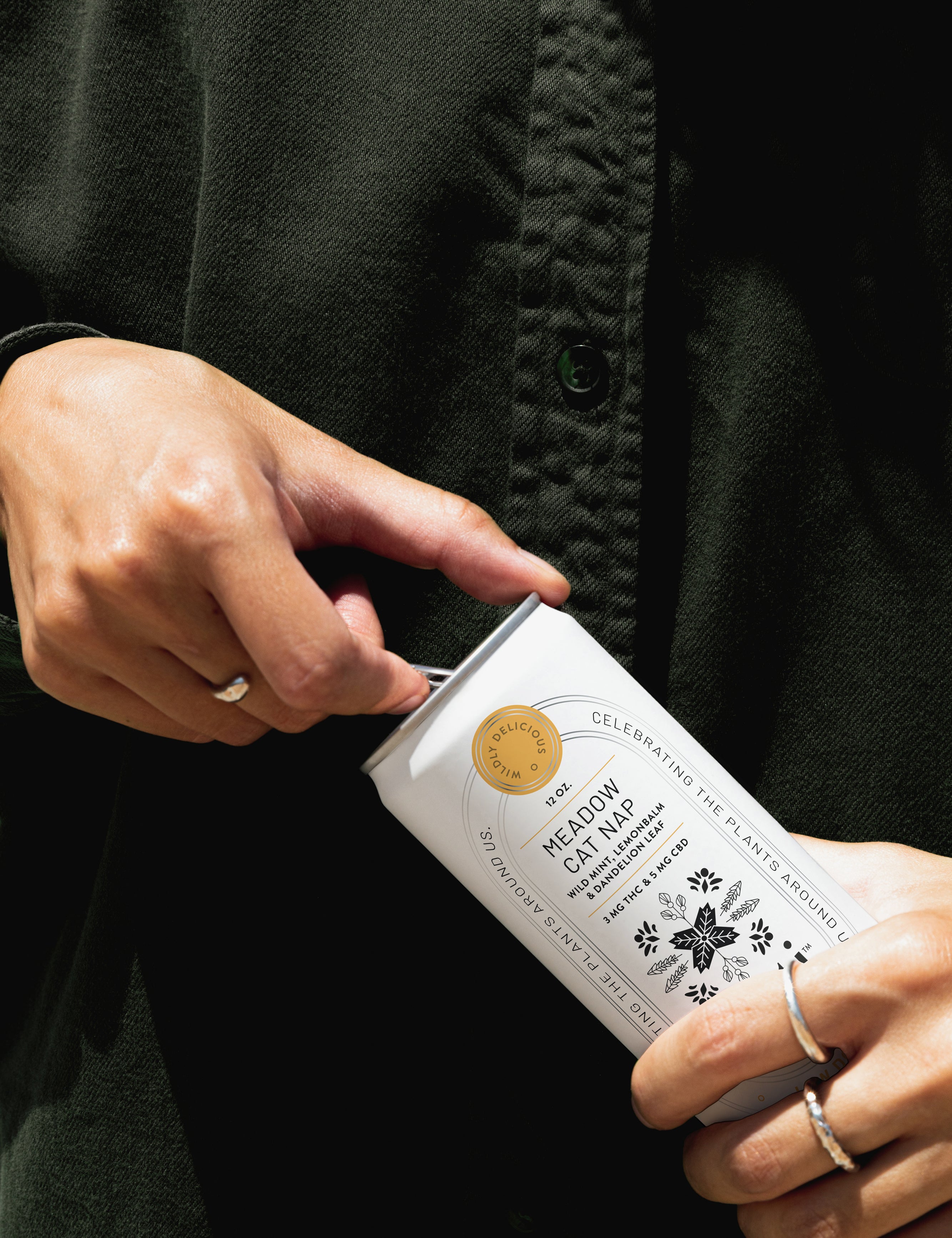 Hands holding the Heti THC beverage Meadow Cat Nap which is wild mint, lemon balm and dandelion leaf