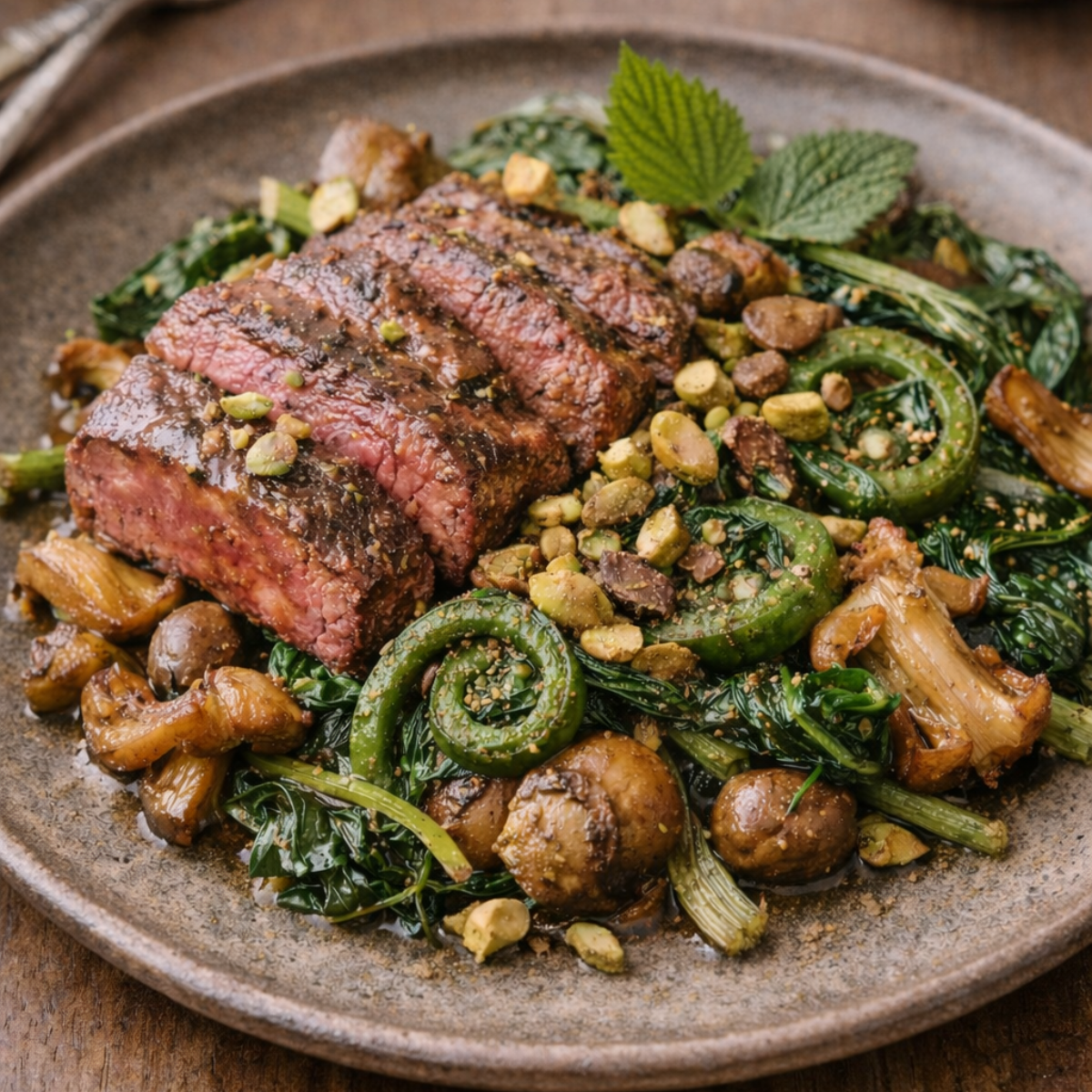 Maple-braised bison steak served over sautéed wild greens and mushrooms, finished with chopped pistachios on a rustic plate.