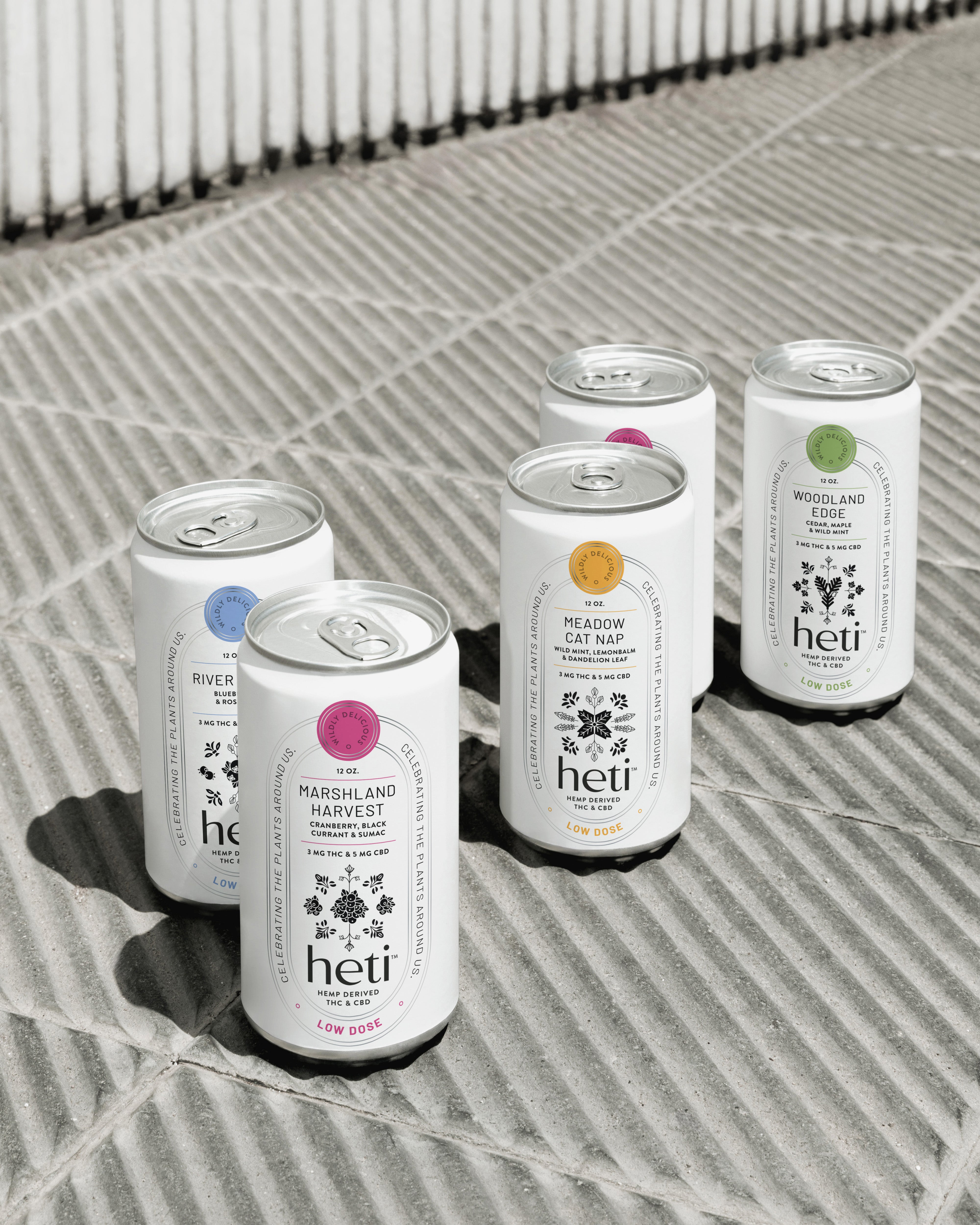 All four flavors of Heti THC beverages River Path, Marshland Harvest, Meadow Cat Nap, and Woodland Edge