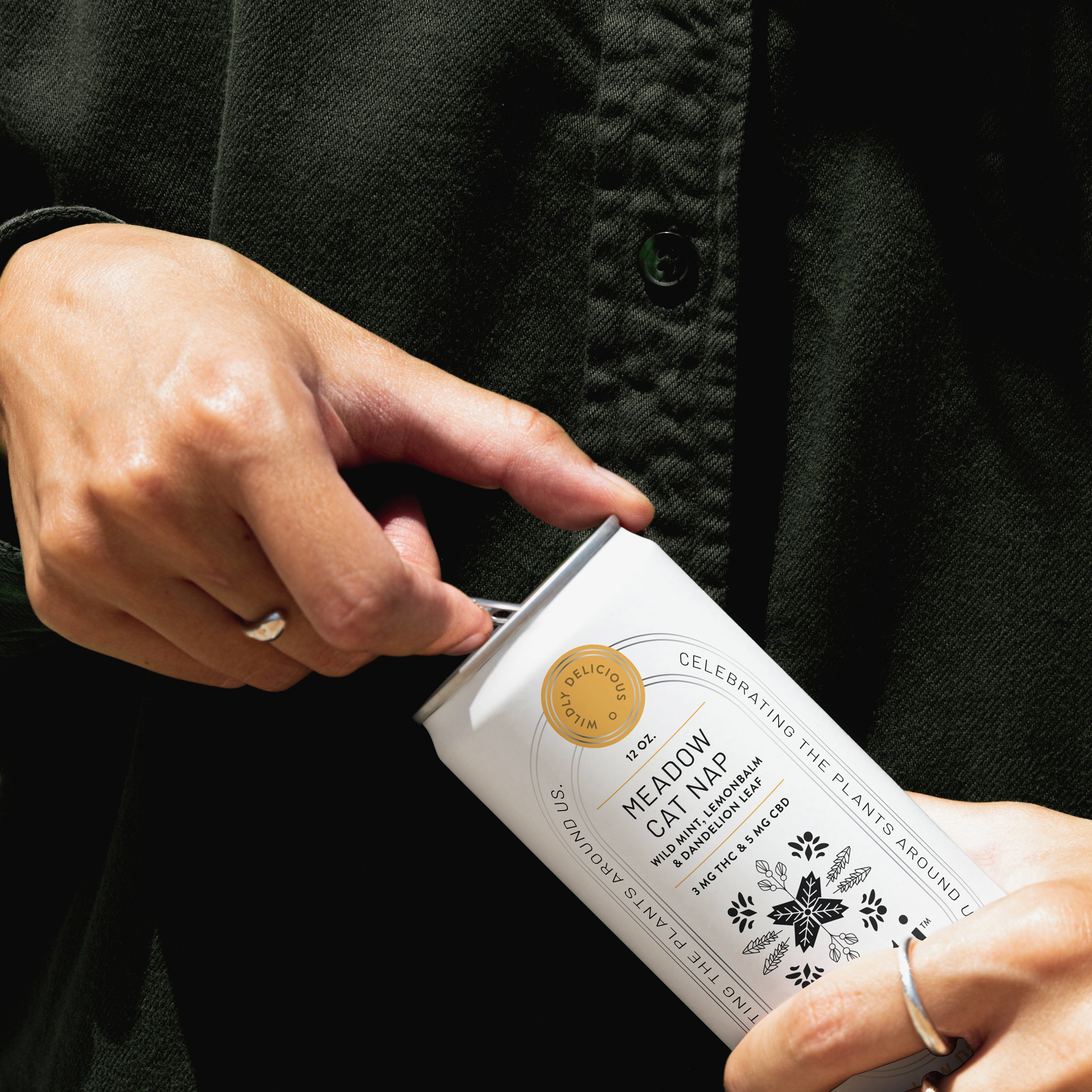Hands holding the Heti THC beverage Meadow Cat Nap which is wild mint, lemon balm and dandelion leaf